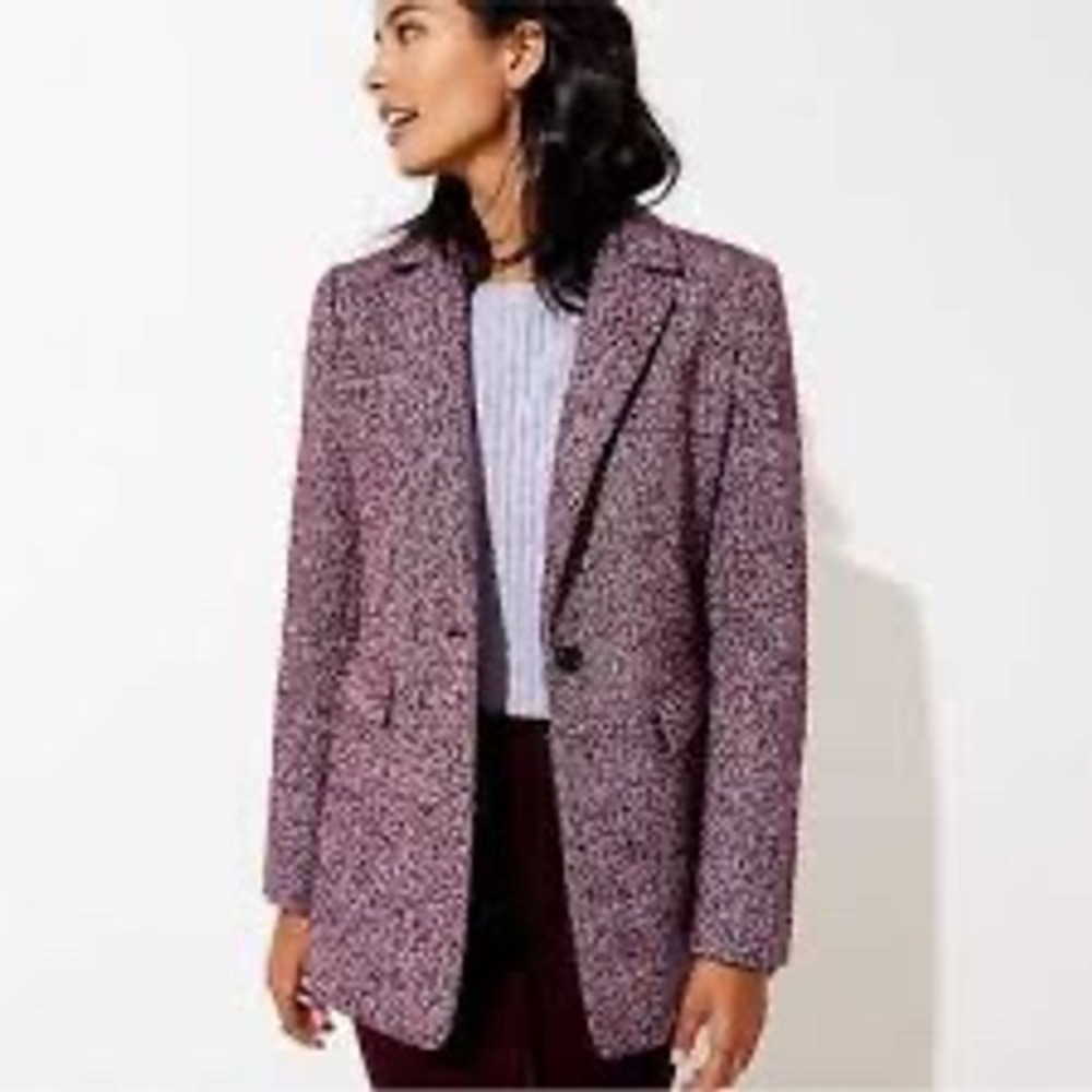 LOFT Tweed Herringbone Wool Blend Blazer Womens 12P Purple